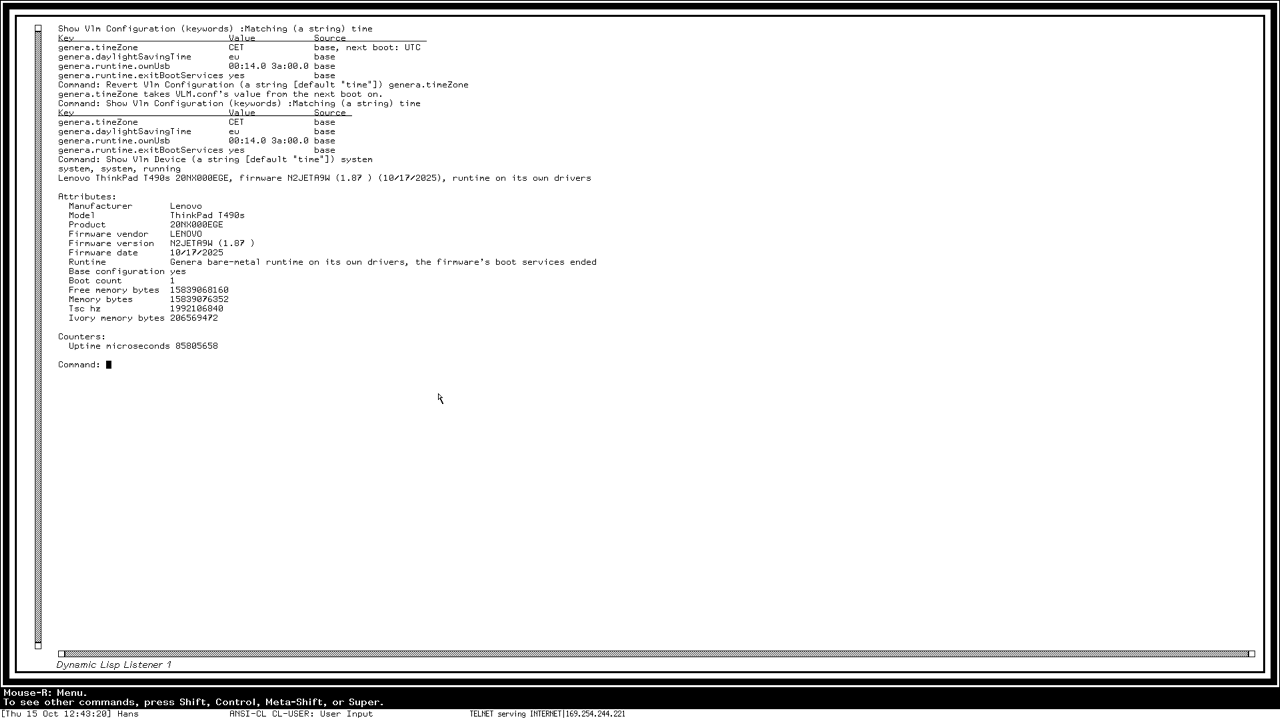 The base-configuration boot: VLM.conf's time zone in force, the saved one waiting for the next boot, Revert VLM Configuration removing it; the system object reports “Base configuration yes”.