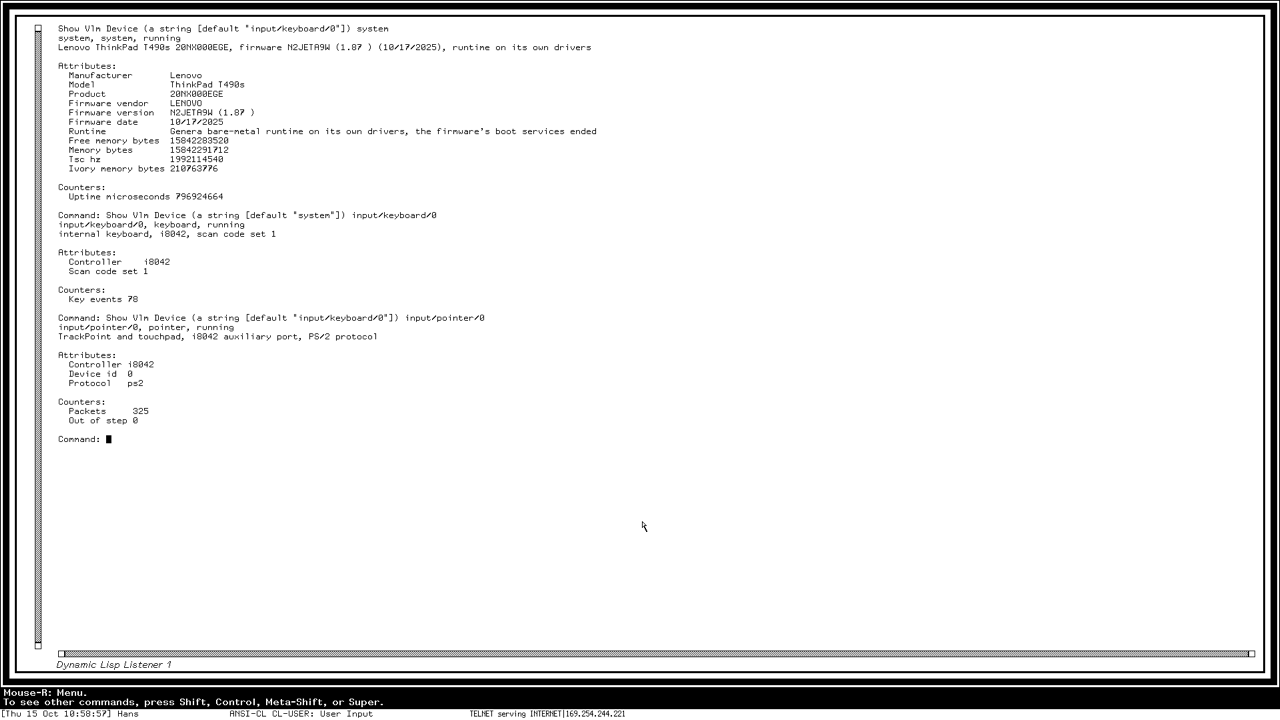 Thirteen minutes in: keyboard and TrackPoint input on the runtime's i8042 driver.