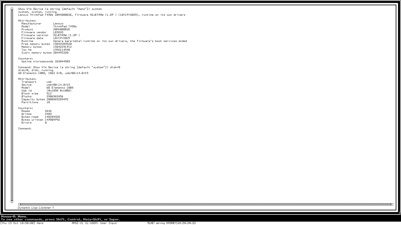 The system with the firmware's boot services ended, and the disk after a Save World through the runtime's own driver: 2403 writes, 147.8 MB.