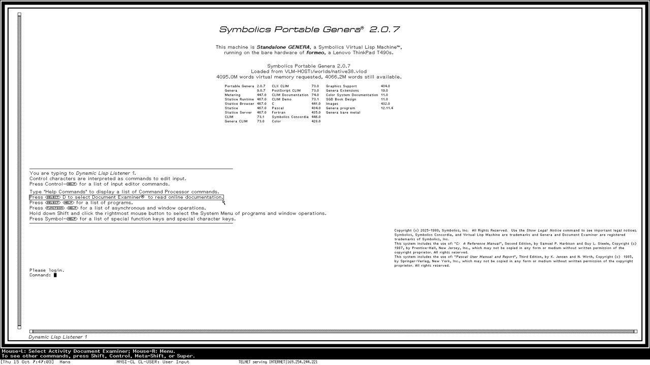 Genera running with its disks on the runtime's own USB driver; the screenshot went to the Mac over the Ethernet adapter.