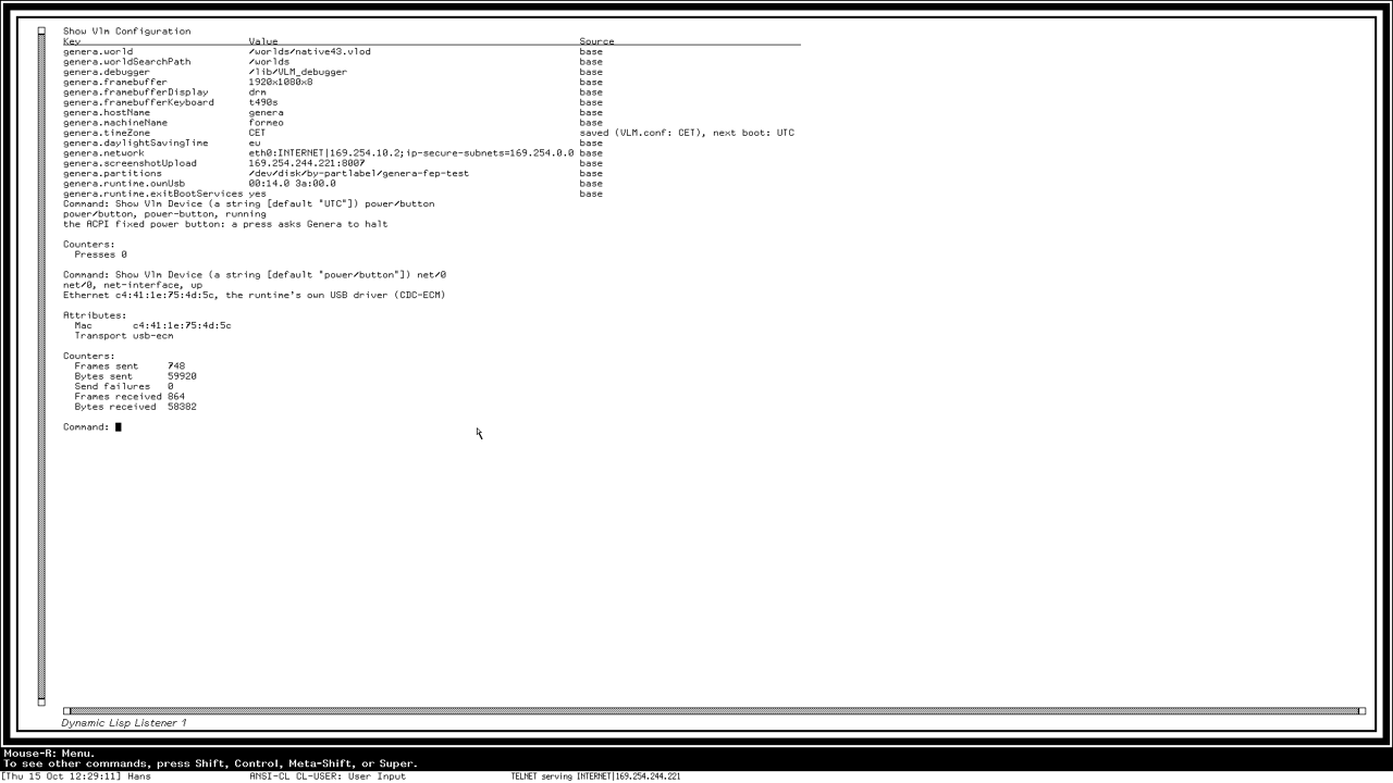 Show VLM Configuration on formeo: genera.timeZone saved for the next boot; Show VLM Device for the power button and the network interface.