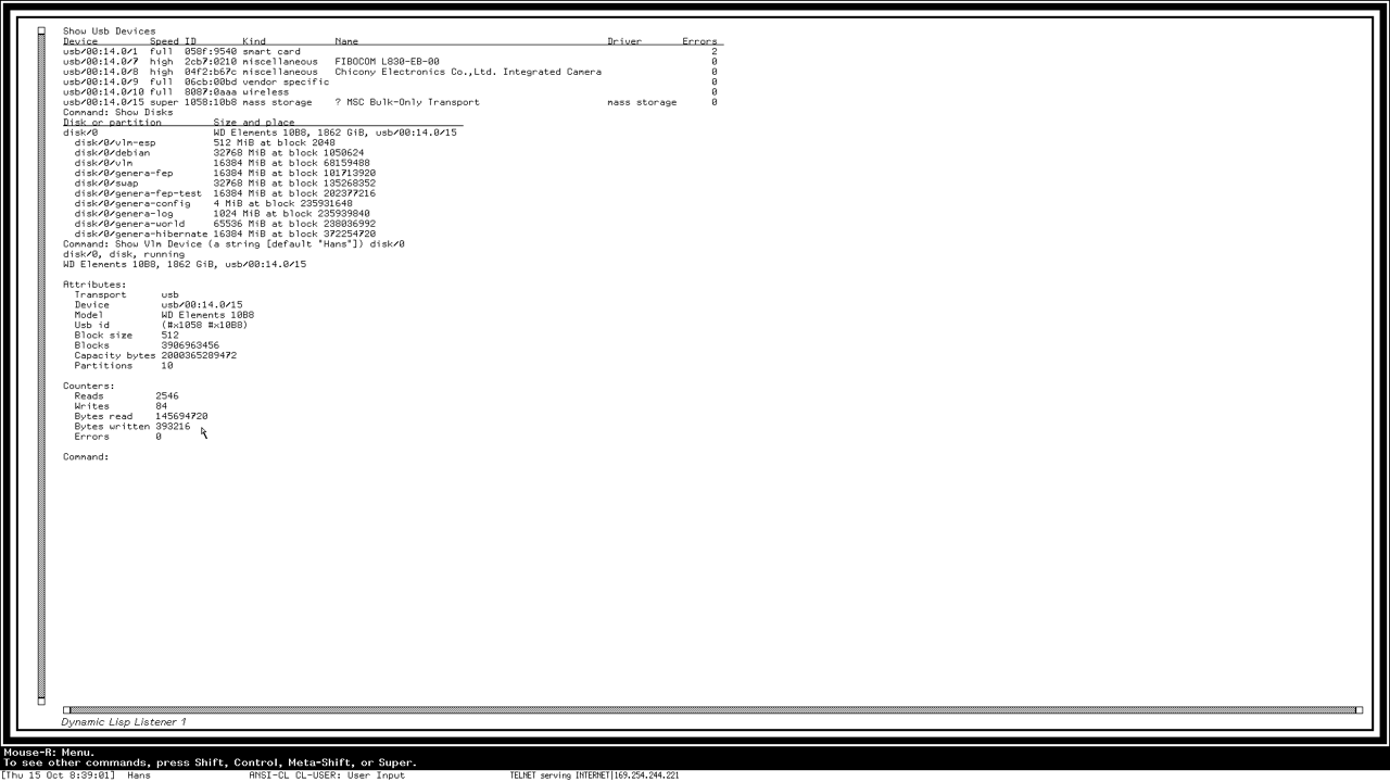 Show USB Devices, Show Disks and Show VLM Device disk/0: the USB devices the runtime drives, the disk Genera boots from with its partitions, and the disk's attributes and counters.