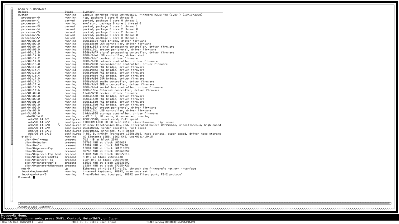 Show VLM Hardware on the laptop's own console: the machine as Genera sees it, from the processors and PCI functions to the USB devices, the disk's partitions, the network interface, keyboard and pointer.