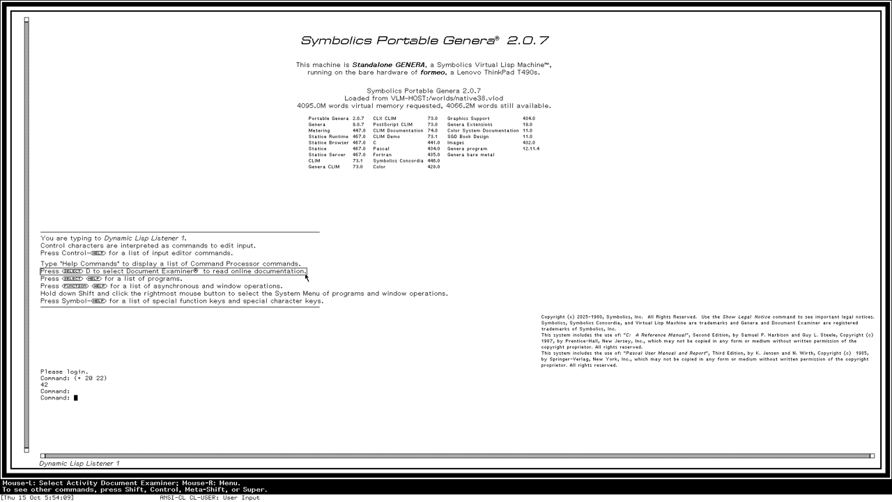 Genera's Lisp Listener on the T490s: running on the bare hardware of formeo, a Lenovo ThinkPad T490s