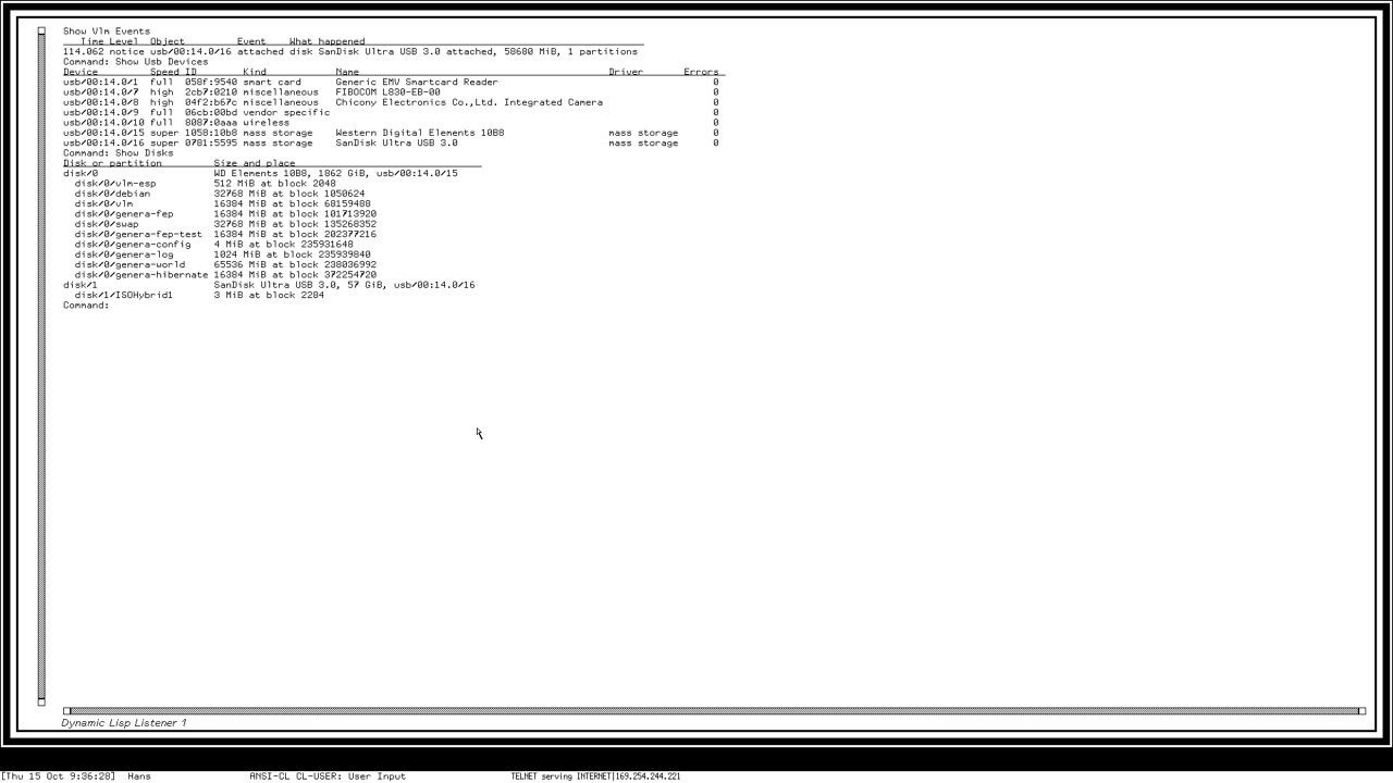 A USB stick plugged in while Genera runs: Show VLM Events has its arrival, Show USB Devices lists it on port 16, and Show Disks shows it as disk/1 with its partition.